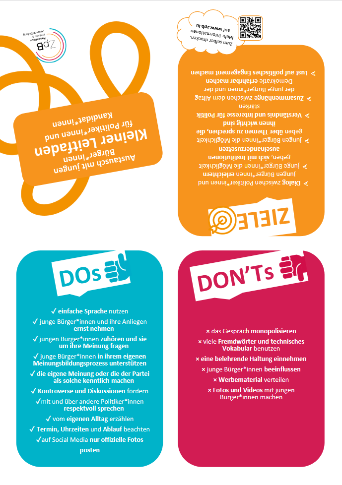 Bunt gestaltetes Poster mit vier Kästen. Oben rechts orange: „Ziele“ mit einer Liste. Oben links orangefarbener Titel „Kleiner Leitfaden für Politiker*innen“. Unten links türkis: „DOs“ mit empfohlenem Verhalten. Unten rechts pink: „DON’Ts“ mit Verhalten, das vermieden werden soll.